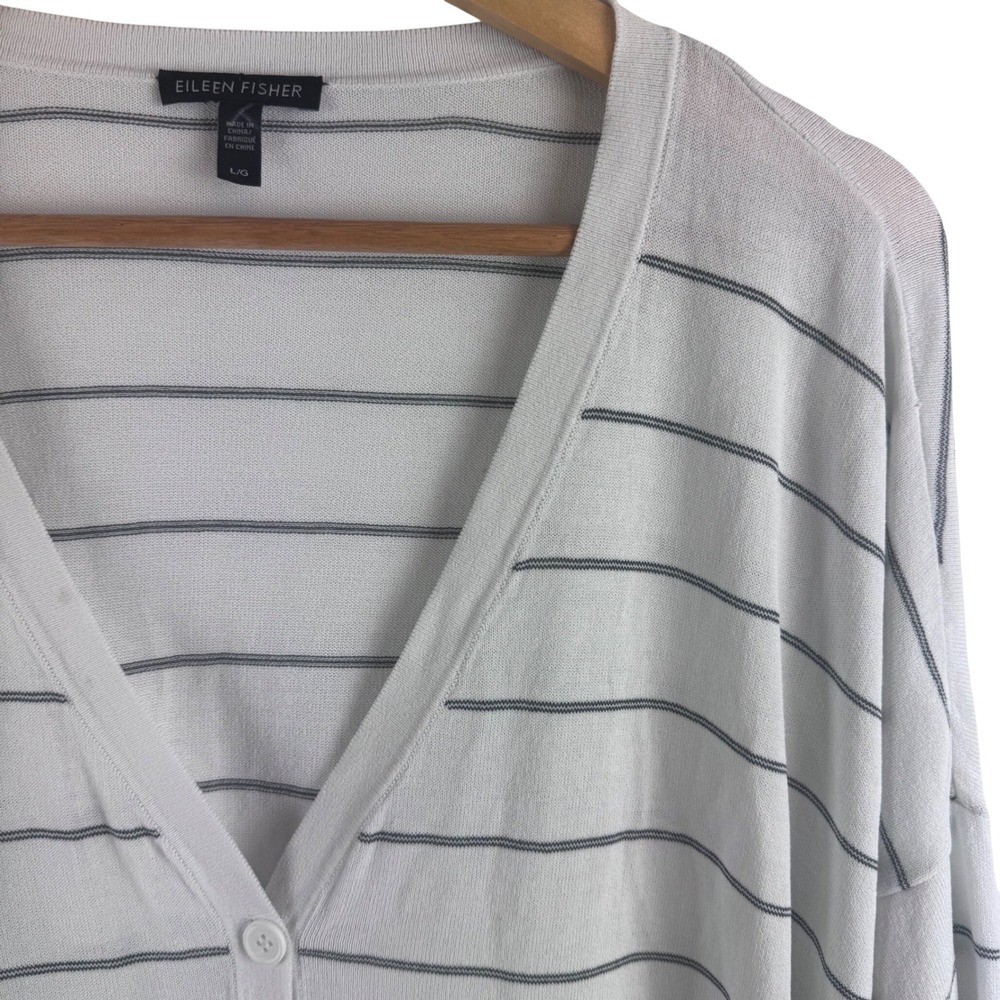Eileen Fisher Cardigan Womens L White/Black Striped Tencel V-Neck Relaxed Fit